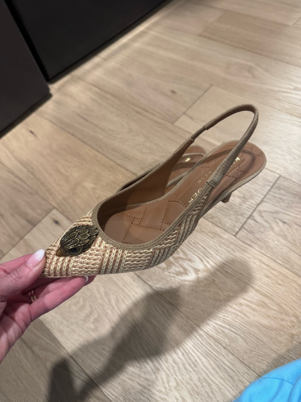 Kurt Geiger Tan & Cream Woven Pointed Slingback Flats with Gold Accent - Picture 2 of 4